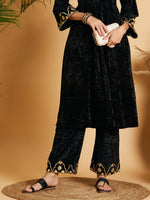 Women Black Velvet Embroidered Straight Pants