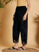 Women Black Velvet Embroidered Straight Pants