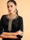 Women Black Velvet Sequence Embroidered Short Kurta