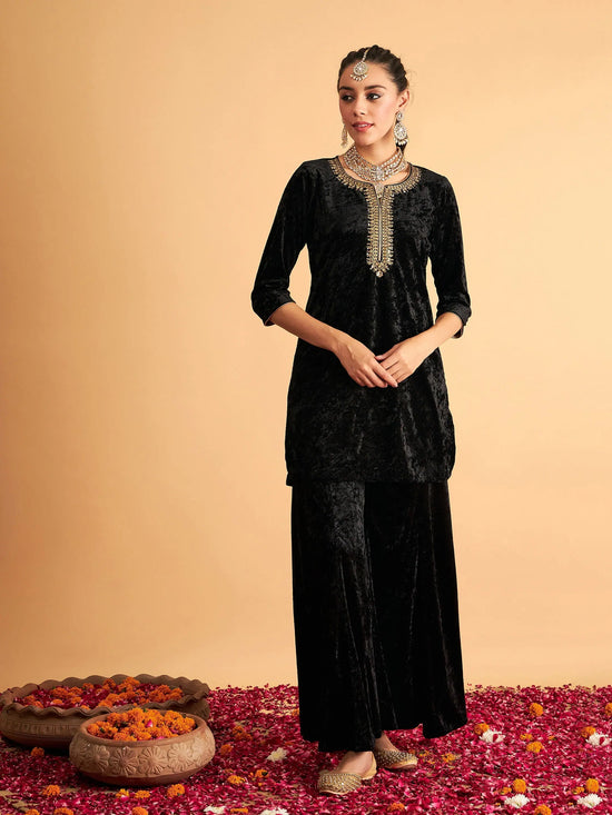 Women Black Velvet Sequence Embroidered Short Kurta