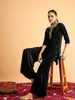 Women Black Velvet Sequence Embroidered Short Kurta