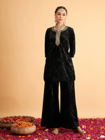 Women Black Velvet Sequence Embroidered Short Kurta