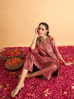 Women Pink Neck Embroidered Velvet Gathered Kurta