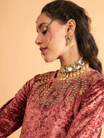 Women Pink Neck Embroidered Velvet Gathered Kurta