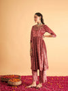 Women Pink Neck Embroidered Velvet Gathered Kurta