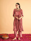 Women Pink Neck Embroidered Velvet Gathered Kurta