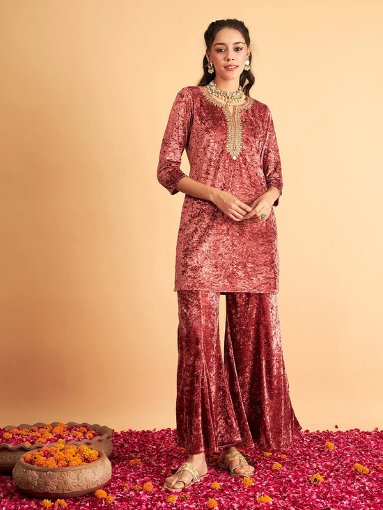 Women Pink Velvet Sequence Embroidered Short Kurta