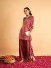 Women Pink Velvet Sequence Embroidered Short Kurta