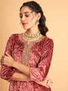 Women Pink Velvet Sequence Embroidered Short Kurta