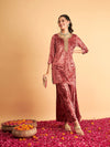 Women Pink Velvet Sequence Embroidered Short Kurta