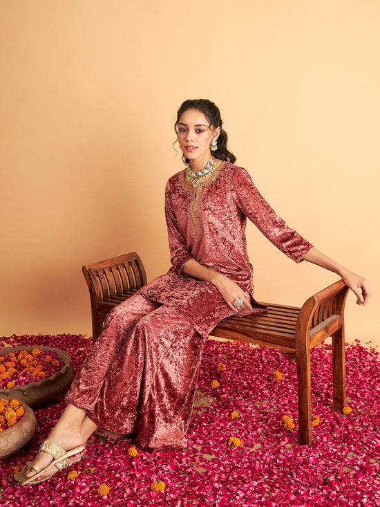 Women Pink Velvet Sequence Embroidered Short Kurta