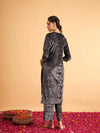 Women Grey Velvet Front Embroidered Straight Kurta