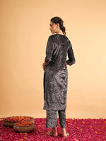 Women Grey Velvet Front Embroidered Straight Kurta