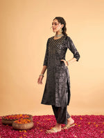 Women Grey Velvet Front Embroidered Straight Kurta