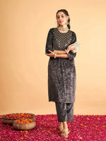 Women Grey Velvet Front Embroidered Straight Kurta