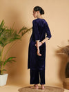 Women Navy Velvet Embroidered Pocket Straight Kurta