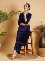 Women Navy Velvet Embroidered Pocket Straight Kurta