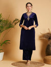 Women Navy Velvet Embroidered Pocket Straight Kurta