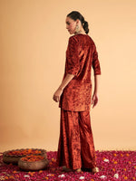 Women Rust Velvet Sequence Embroidered Short Kurta