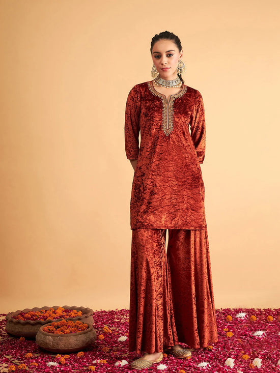 Women Rust Velvet Sequence Embroidered Short Kurta