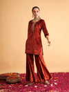 Women Rust Velvet Sequence Embroidered Short Kurta