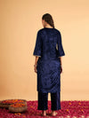 Women Navy Blue Velvet Front Zari Embroidered Straight Kurta