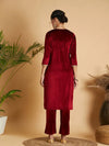 Women Maroon Velvet Embroidered Pocket Straight Kurta