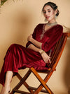 Women Maroon Velvet Embroidered Pocket Straight Kurta