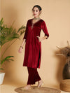 Women Maroon Velvet Embroidered Pocket Straight Kurta