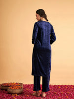 Women Navy Blue Velvet Sequence Embroidered Straight Kurta