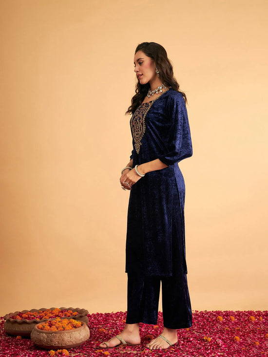 Women Navy Blue Velvet Sequence Embroidered Straight Kurta