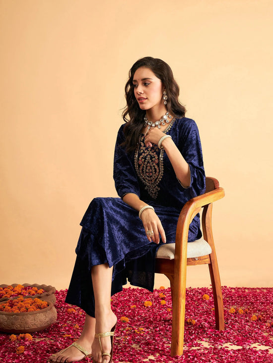 Women Navy Blue Velvet Sequence Embroidered Straight Kurta