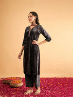 Women Grey Velvet Embroidered Straight Kurta-SHKUR00320XS