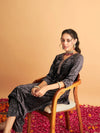 Women Grey Velvet Embroidered Straight Kurta-SHKUR00320XS