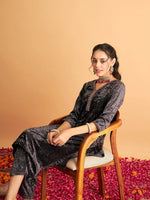 Women Grey Velvet Embroidered Straight Kurta-SHKUR00320XS