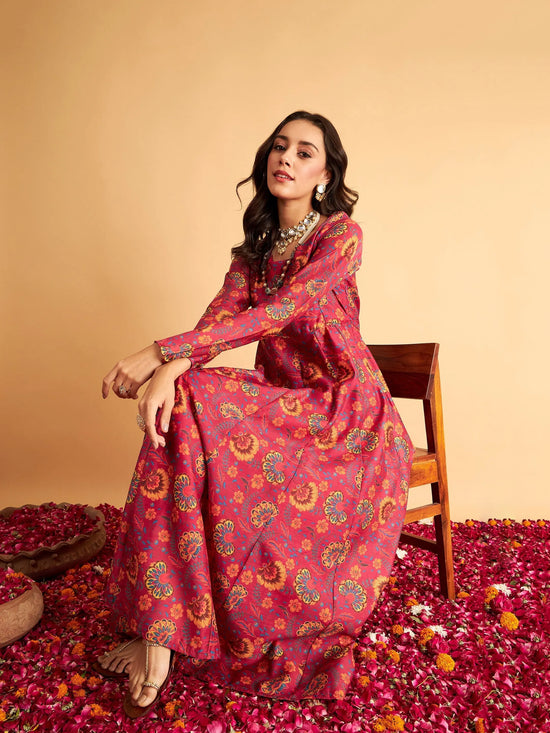 Women Fuchsia Floral Anarkali Maxi Dress