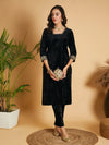 Women Black Velvet Straight Kurta-SHKUR00315XS