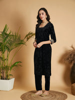 Women Black Velvet Straight Kurta-SHKUR00315XS