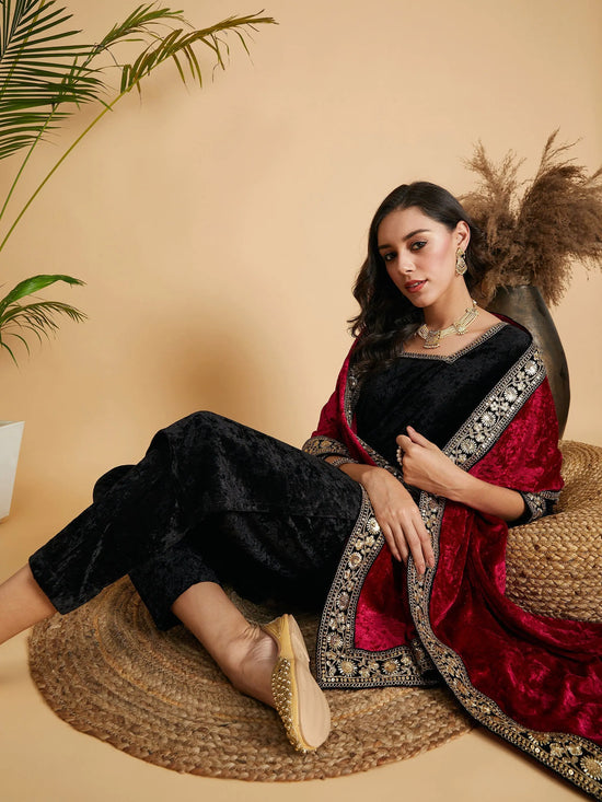 Women Black Velvet Straight Kurta-SHKUR00315XS