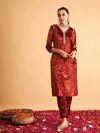 Women Rust Velvet Embroidered Straight Kurta