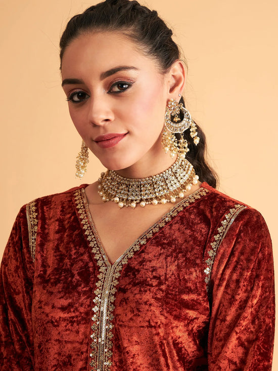 Women Rust Velvet Embroidered Straight Kurta