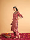 Women Pink Velvet Front Zari Embroidered Straight Kurta