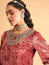 Women Pink Velvet Front Zari Embroidered Straight Kurta