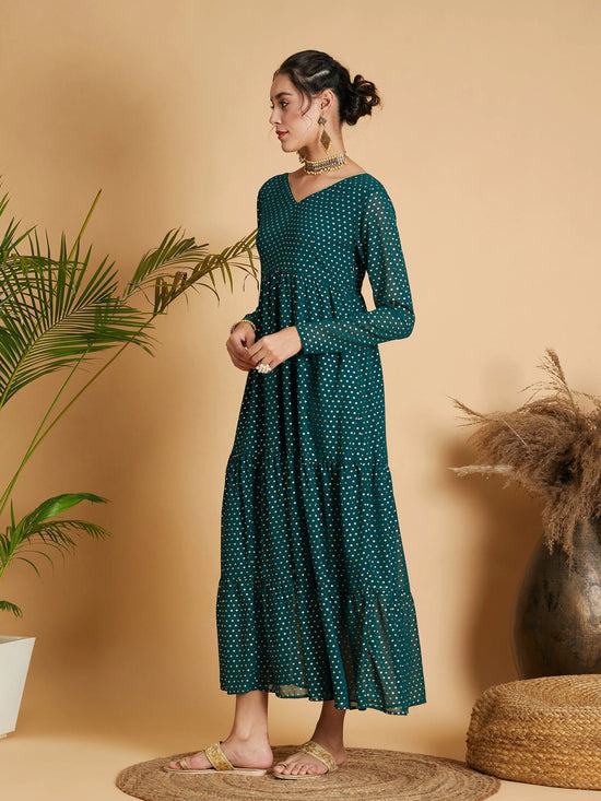 Women Emerald Dot Foil Print Tiered Maxi Dress