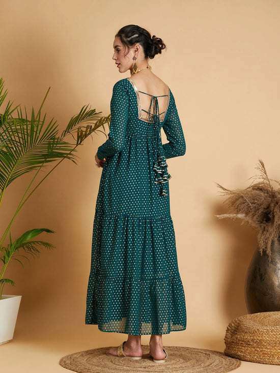 Women Emerald Dot Foil Print Tiered Maxi Dress