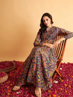 Women Purple Floral V Neck Anarkali Maxi Dress