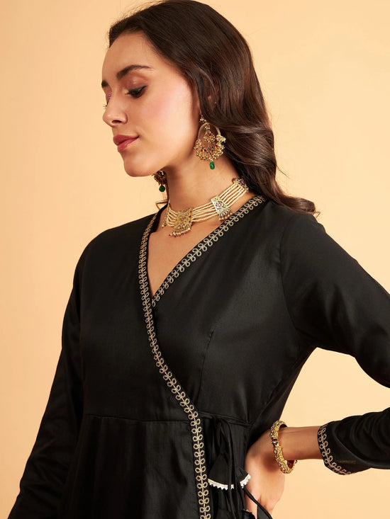 Women Black Angrakha Anarkali Dress With Slip