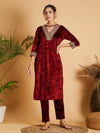 Women Maroon Velvet Straight Kurta