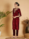 Women Maroon Velvet Straight Kurta