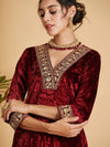 Women Maroon Velvet Straight Kurta